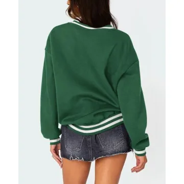 PRETTYGARDEN Women's Oversized Sweatshirts Casual Long Sleeve Stripes Knit V Neck Pullover Top Fall Teens Preppy Clothes(Green,Large)