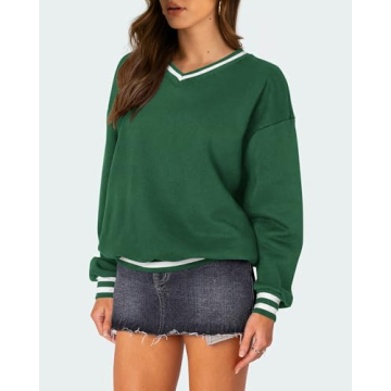 PRETTYGARDEN Women's Oversized Sweatshirts Casual Long Sleeve Stripes Knit V Neck Pullover Top Fall Teens Preppy Clothes(Green,Large)