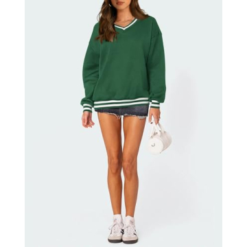 PRETTYGARDEN Women's Oversized Sweatshirts Casual Long Sleeve Stripes Knit V Neck Pullover Top Fall Teens Preppy Clothes(Green,Large)