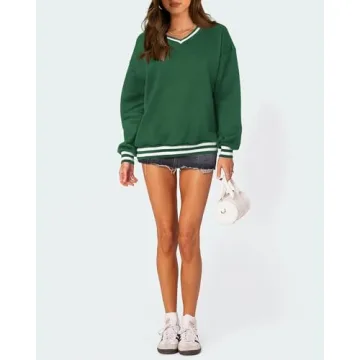 PRETTYGARDEN Women's Oversized Sweatshirts Casual Long Sleeve Stripes Knit V Neck Pullover Top Fall Teens Preppy Clothes(Green,Large)