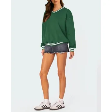 PRETTYGARDEN Women's Oversized Sweatshirts Casual Long Sleeve Stripes Knit V Neck Pullover Top Fall Teens Preppy Clothes(Green,Large)