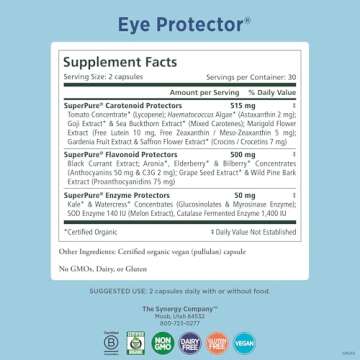 PURE SYNERGY Eye Protector | 100% Natural, Vegan Eye Health Supplement | with Organic Astaxanthin, L...