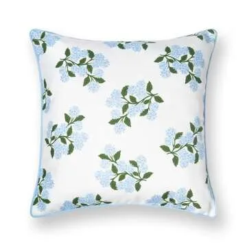Hofdeco Premium Coastal Patio Indoor Outdoor Throw Pillow Cover Only, 20"x20" Water Repellent for Backyard, Couch, Baby Blue Print Hydrangea Flower
