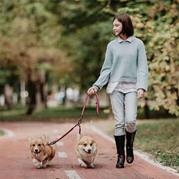 Kruz Double Dog Coupler - KZVX2-03S - Tangle Free Dog Walking and Training Dual Extension Coupler - Comfortable, Shock Absorbing - Reflective Bungee Coupler for Two Dogs - Red - 5/8" x 14"