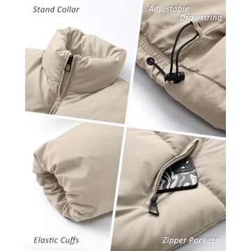 Polu Women's Winter Cropped Puffer Jacket Oversized Long Sleeve Full Zip Puffy Coat Warm Quilted Jacket with Pockets(Beige,M)