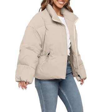 Polu Women's Winter Cropped Puffer Jacket Oversized Long Sleeve Full Zip Puffy Coat Warm Quilted Jacket with Pockets(Beige,M)