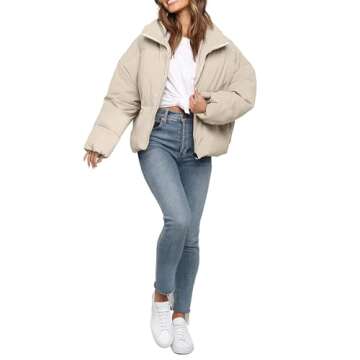 Polu Women's Winter Cropped Puffer Jacket Oversized Long Sleeve Full Zip Puffy Coat Warm Quilted Jacket with Pockets(Beige,M)