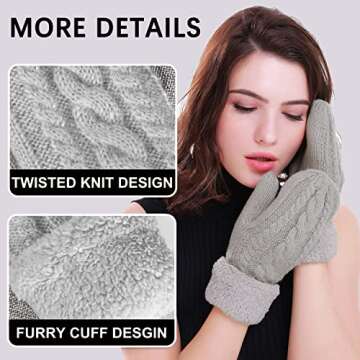 Women's Winter Gloves Warm Lining - Cozy Wool Knit Thick Gloves Mittens in 11 color (gray)