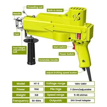 Tufting Gun, Carpet Weaving Machine, 2 in 1 Cut and Loop Pile Electric Tufting Gun, 5-45 Stitches/s High Speed Rug Gun, 4-19mm Adjustable Pile Height, Hand Tufting Gun for Handmade DIY (Lemon)
