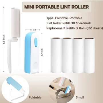Mini Lint Roller with 150 Sheets, Travel Size Portable Lint Roller Compact Pet Hair Remover with 5 R...