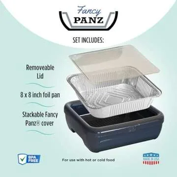 Fancy Panz, Serving Tray for Food, Made in the USA Foil Pan Carrier, Stackable Aluminum Pan Holders, 8x8 Travel Casserole Carrier With 1 Disposable Foil Pan & Serving Spoon, Red