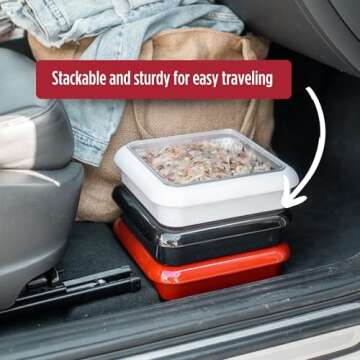 Fancy Panz, Serving Tray for Food, Made in the USA Foil Pan Carrier, Stackable Aluminum Pan Holders, 8x8 Travel Casserole Carrier With 1 Disposable Foil Pan & Serving Spoon, Red