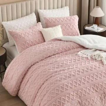 Andency Fluffy Sherpa Full Comforter Set, Super Soft Blush Fleece Warm Bedding for Winter, Luxury Jacquard Boho Thick Fuzzy Plush Bed Set 3 Pieces(1 Shaggy Comforter, 2 Pillowcases)