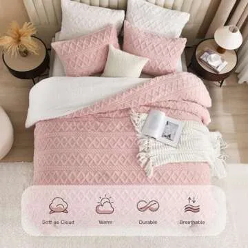 Andency Fluffy Sherpa Full Comforter Set, Super Soft Blush Fleece Warm Bedding for Winter, Luxury Jacquard Boho Thick Fuzzy Plush Bed Set 3 Pieces(1 Shaggy Comforter, 2 Pillowcases)