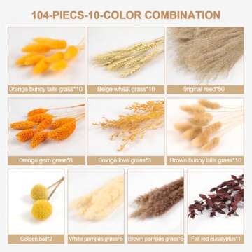 Fall Home Decor 104Pcs Orange Pampas Grass Decor Autumn Dried Flowers Decorations Fluffy Boho Gold Bouquet Fall Wedding Table Centerpieces Rustic Farmhouse Floral Fall Yellow Boho Decor Indoor Outdoor