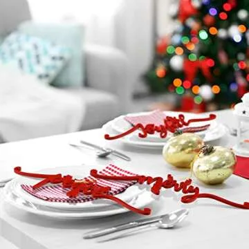 Jetec 12 Merry Christmas Sign Table Decorations Plate Letter Sign Decor Wood Cutout Letter Place Card Signs with 24 ft Ropes Xmas Hanging Decorations for Home Table Xmas Tree Wall(Red)