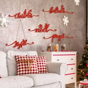 Jetec 12 Merry Christmas Sign Table Decorations Plate Letter Sign Decor Wood Cutout Letter Place Card Signs with 24 ft Ropes Xmas Hanging Decorations for Home Table Xmas Tree Wall(Red)