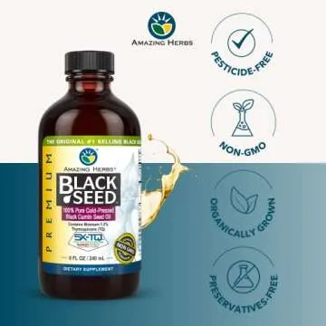 Amazing Herbs Premium Black Seed Oil - Gluten Free, Non GMO, Cold Pressed Nigella Sativa Aids in Digestive Health, Immune Support, Brain Function - 8 Fl Oz