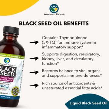 Amazing Herbs Premium Black Seed Oil - Gluten Free, Non GMO, Cold Pressed Nigella Sativa Aids in Digestive Health, Immune Support, Brain Function - 8 Fl Oz
