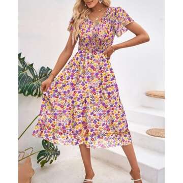 BTFBM Women Casual Summer Short Ruffles Tiered Sleeve Smocked Midi Dresses Bohemian Floral V Neck We...
