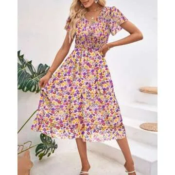 BTFBM Women Casual Summer Short Ruffles Tiered Sleeve Smocked Midi Dresses Bohemian Floral V Neck We...