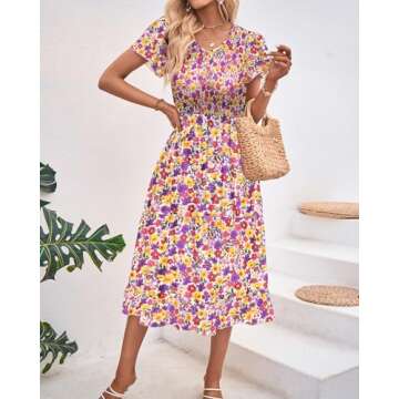 BTFBM Women Casual Summer Short Ruffles Tiered Sleeve Smocked Midi Dresses Bohemian Floral V Neck Wedding Guest Long Dresses