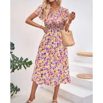 BTFBM Women Casual Summer Short Ruffles Tiered Sleeve Smocked Midi Dresses Bohemian Floral V Neck Wedding Guest Long Dresses