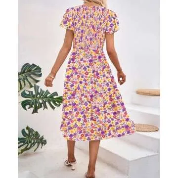 BTFBM Women Casual Summer Short Ruffles Tiered Sleeve Smocked Midi Dresses Bohemian Floral V Neck Wedding Guest Long Dresses