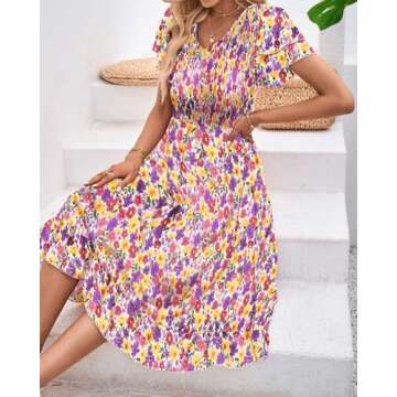 BTFBM Women Casual Summer Short Ruffles Tiered Sleeve Smocked Midi Dresses Bohemian Floral V Neck Wedding Guest Long Dresses