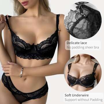 Women’s Balconette Bras Lace Unlined Demi Underwire Bra Mesh See Through Non Padded (D243-Black-M)