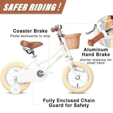 Petimini 12 Inch Kids Bike for Age 2 3 4 Years Old Little Girls Toddlers Retro Vintage Style Bicycles with Basket Training Wheels and Bell, White