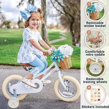 Petimini 12 Inch Kids Bike for Age 2 3 4 Years Old Little Girls Toddlers Retro Vintage Style Bicycles with Basket Training Wheels and Bell, White