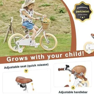 Petimini 12 Inch Kids Bike for Age 2 3 4 Years Old Little Girls Toddlers Retro Vintage Style Bicycles with Basket Training Wheels and Bell, White