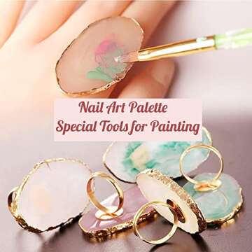 Resin DIY Nail Art Palette, Painting Drawing Color Plate with Adjustable Finger Rings,3pcs Marble Nail Art Palette Ring Gel Polish Mixing Tray Gold Edge Manicure Tool Accessory