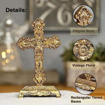 Retrome 12" H Cast Iron Cross Stand Tabletop for Home Decor, Antique Gold
