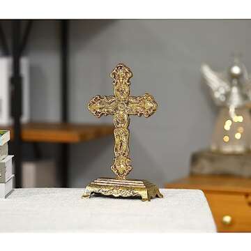 Retrome 12" H Cast Iron Cross Stand Tabletop for Home Decor, Antique Gold
