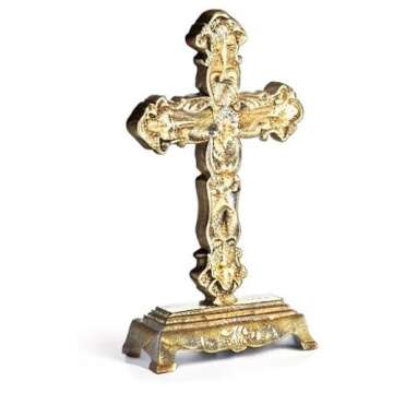 Retrome 12" H Cast Iron Cross Stand Tabletop for Home Decor, Antique Gold