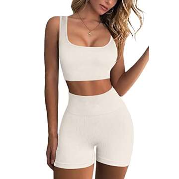 QINSEN Women's Sexy Sports Bra Ribbed Seamless Bodycon Booty Shorts Sets GMY 2 Piece Outfits Beige L