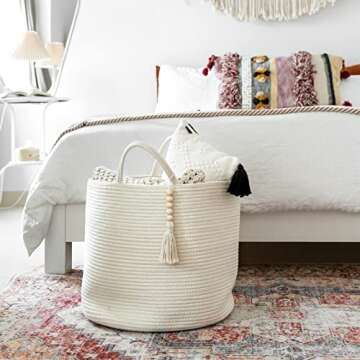 Mkono Woven Storage Basket Decorative Natural Rope Basket Wooden Bead Decoration for Blankets,Toys,C...