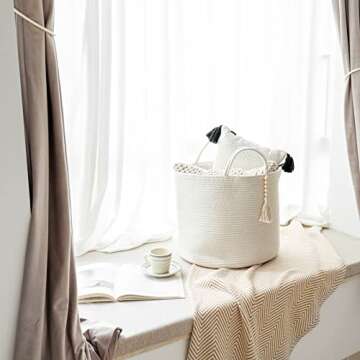 Mkono Woven Storage Basket Decorative Natural Rope Basket Wooden Bead Decoration for Blankets,Toys,Clothes,Shoes,Plant Organizer Bin with Handles Living Room Home Decor, White, 16" W × 13.8"L