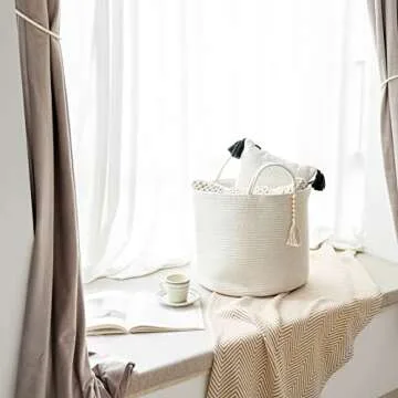 Mkono Woven Storage Basket Decorative Natural Rope Basket Wooden Bead Decoration for Blankets,Toys,Clothes,Shoes,Plant Organizer Bin with Handles Living Room Home Decor, White, 16" W × 13.8"L