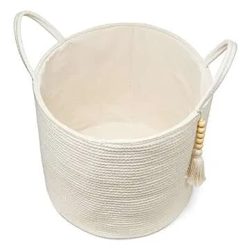 Mkono Woven Storage Basket Decorative Natural Rope Basket Wooden Bead Decoration for Blankets,Toys,Clothes,Shoes,Plant Organizer Bin with Handles Living Room Home Decor, White, 16" W × 13.8"L