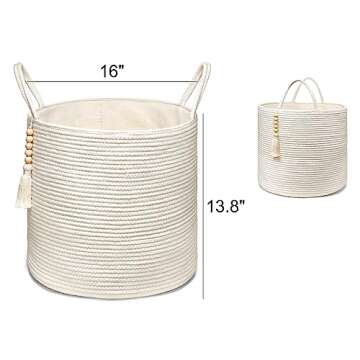 Mkono Woven Storage Basket Decorative Natural Rope Basket Wooden Bead Decoration for Blankets,Toys,Clothes,Shoes,Plant Organizer Bin with Handles Living Room Home Decor, White, 16" W × 13.8"L