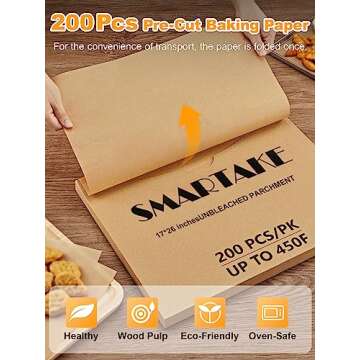 SMARTAKE 200 Pcs Unbleached Parchment Paper Baking Sheets, 17x26 Inches, Non-Stick, Precut for Baking, Grilling, Air Fryer, Steaming, Bread, Cup Cake, Cookie
