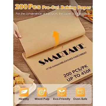 SMARTAKE 200 Pcs Unbleached Parchment Paper Baking Sheets, 17x26 Inches, Non-Stick, Precut for Baking, Grilling, Air Fryer, Steaming, Bread, Cup Cake, Cookie