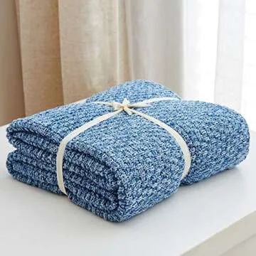 Longhui bedding Blue Knitted Throw Blanket for Couch, Soft, Cozy Machine Washable 100% Cotton Sofa K...