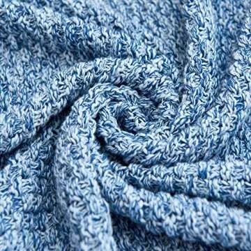 Longhui bedding Blue Knitted Throw Blanket for Couch, Soft, Cozy Machine Washable 100% Cotton Sofa Knit Blankets, Heavy 2.8lb Weight, 51 x 63 Inches, Blue and White Color, Laundry Bag Included