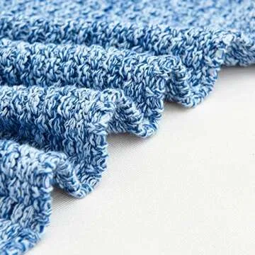 Longhui bedding Blue Knitted Throw Blanket for Couch, Soft, Cozy Machine Washable 100% Cotton Sofa Knit Blankets, Heavy 2.8lb Weight, 51 x 63 Inches, Blue and White Color, Laundry Bag Included