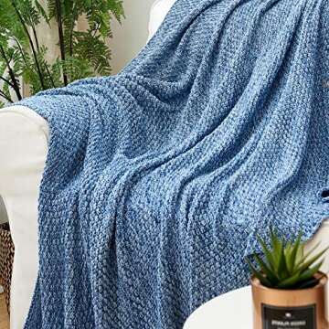 Longhui bedding Blue Knitted Throw Blanket for Couch, Soft, Cozy Machine Washable 100% Cotton Sofa Knit Blankets, Heavy 2.8lb Weight, 51 x 63 Inches, Blue and White Color, Laundry Bag Included