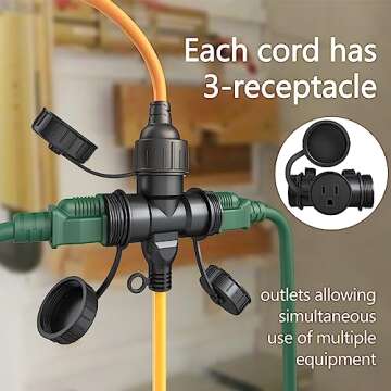 12 Gauge Heavy Duty Extension Cord with 3 Outlets, Weather Protection Power Cord with Safety Cover Velcro Tape for Outdoor, SJTW 15Amp 1875W, Orange Color, ETL Listed, Stright